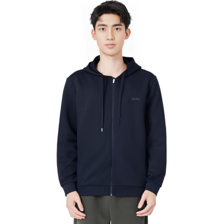Shop HUGO BOSS  Navy Blue Plain Embroidered Logo Zip-Up Hoodie. 50480684-406