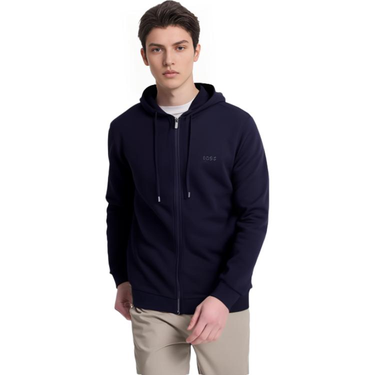 Purchase HUGO BOSS  Navy Blue Plain Embroidered Logo Zip-Up Hoodie. 50480684-406