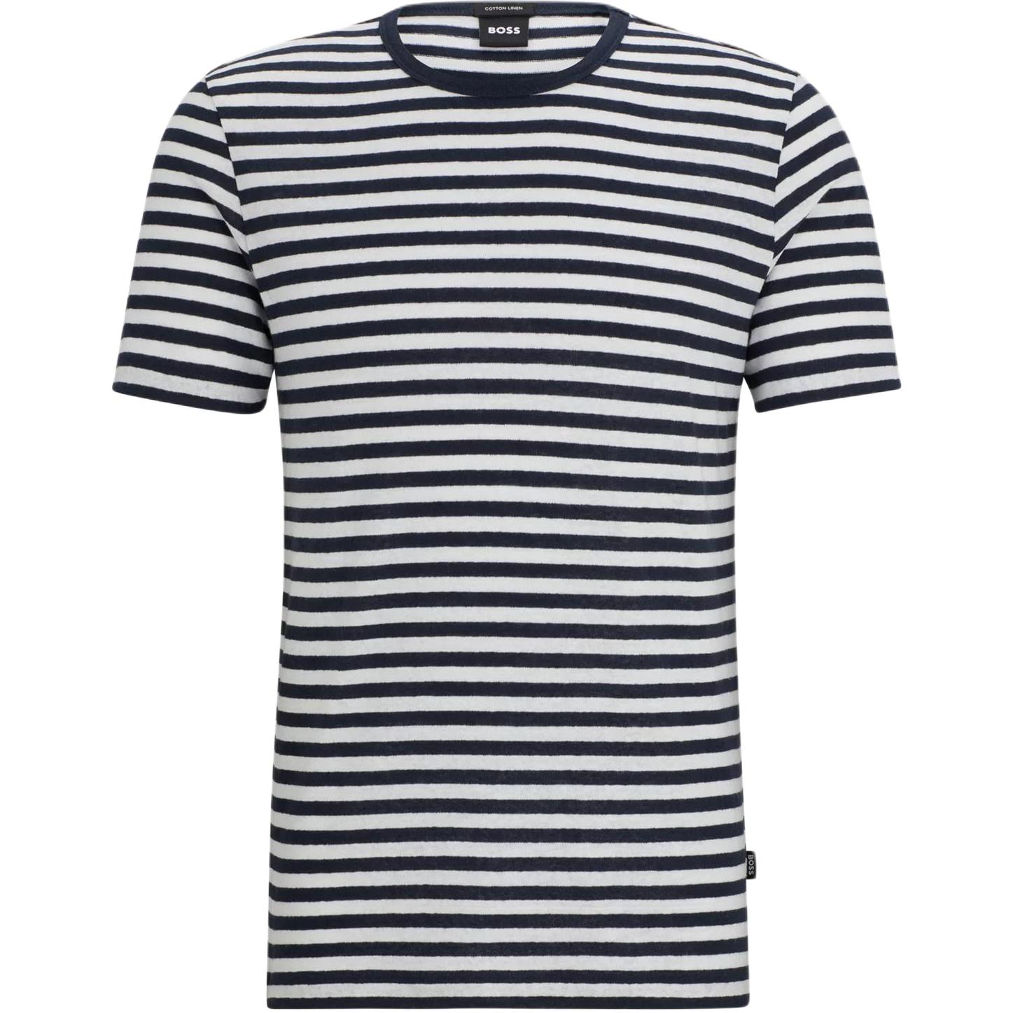 HUGO BOSS  Navy Horizontal-Stripe Cotton Linen Crewneck T-Shirt. 50513401-404