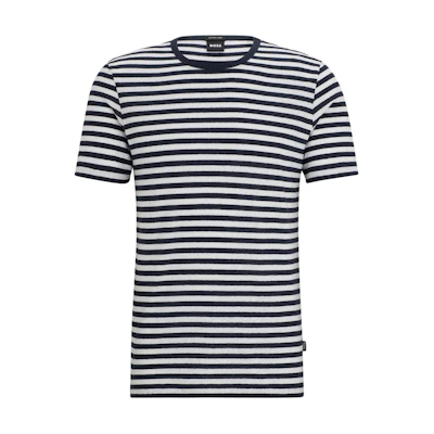 HUGO BOSS Navy Horizontal-Stripe Cotton Linen Crewneck T-Shirt. 50513401-404