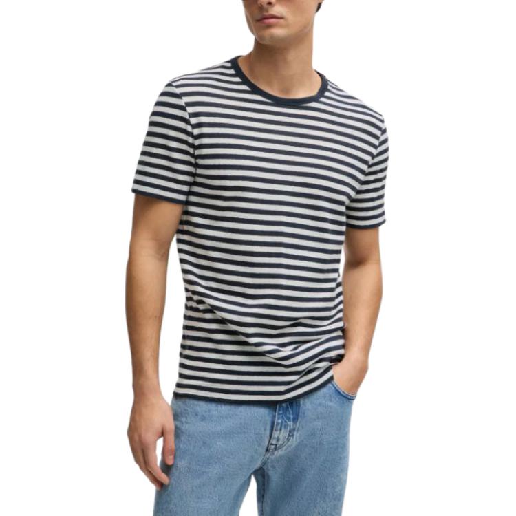 Shop HUGO BOSS 海軍藍橫條紋棉麻圓領T恤 50513401-404