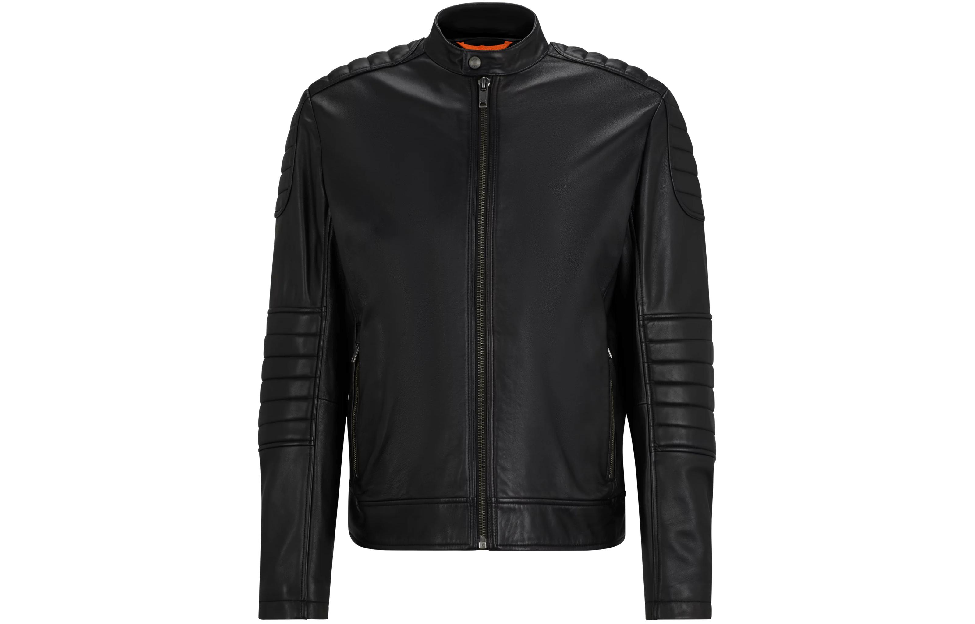 HUGO BOSS  Regular-Fit Black Lamb Leather Quilted Jacket with Zip-Up Collar. 50504104-001