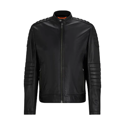 HUGO BOSS Regular-Fit Black Lamb Leather Quilted Jacket with Zip-Up Collar. 50504104-001