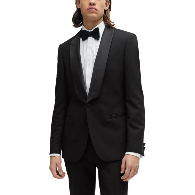Shop ヒューゴボス スリムフィット ストレッチツイル イブニングスーツ ブラック 1ボタンデザイン 50507120-001