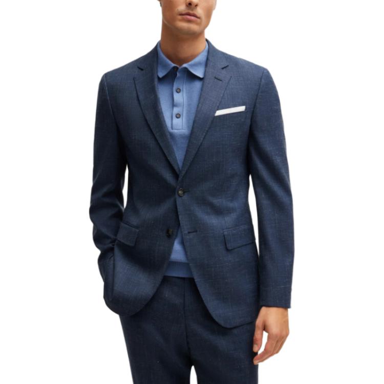 Shop HUGO BOSS 修身版純羊毛亞麻西裝外套 深藍色西裝上衣 50521645-412