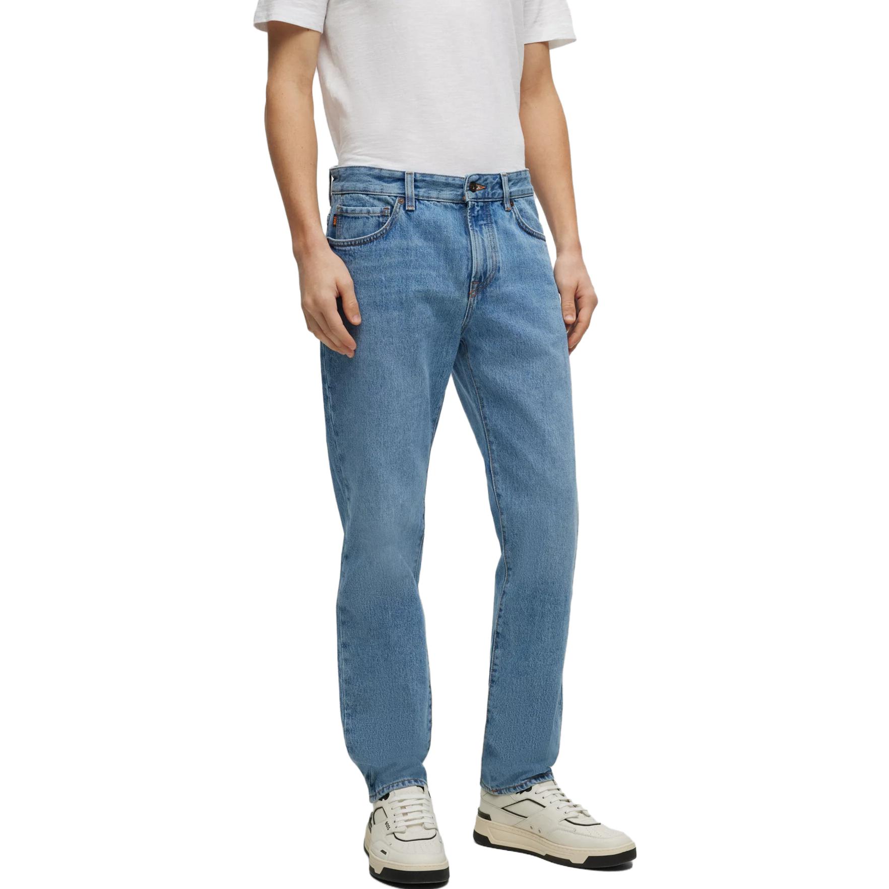 Shop HUGO BOSS 修身錐形中腰拉鍊設計藍色牛仔褲 50496549-451