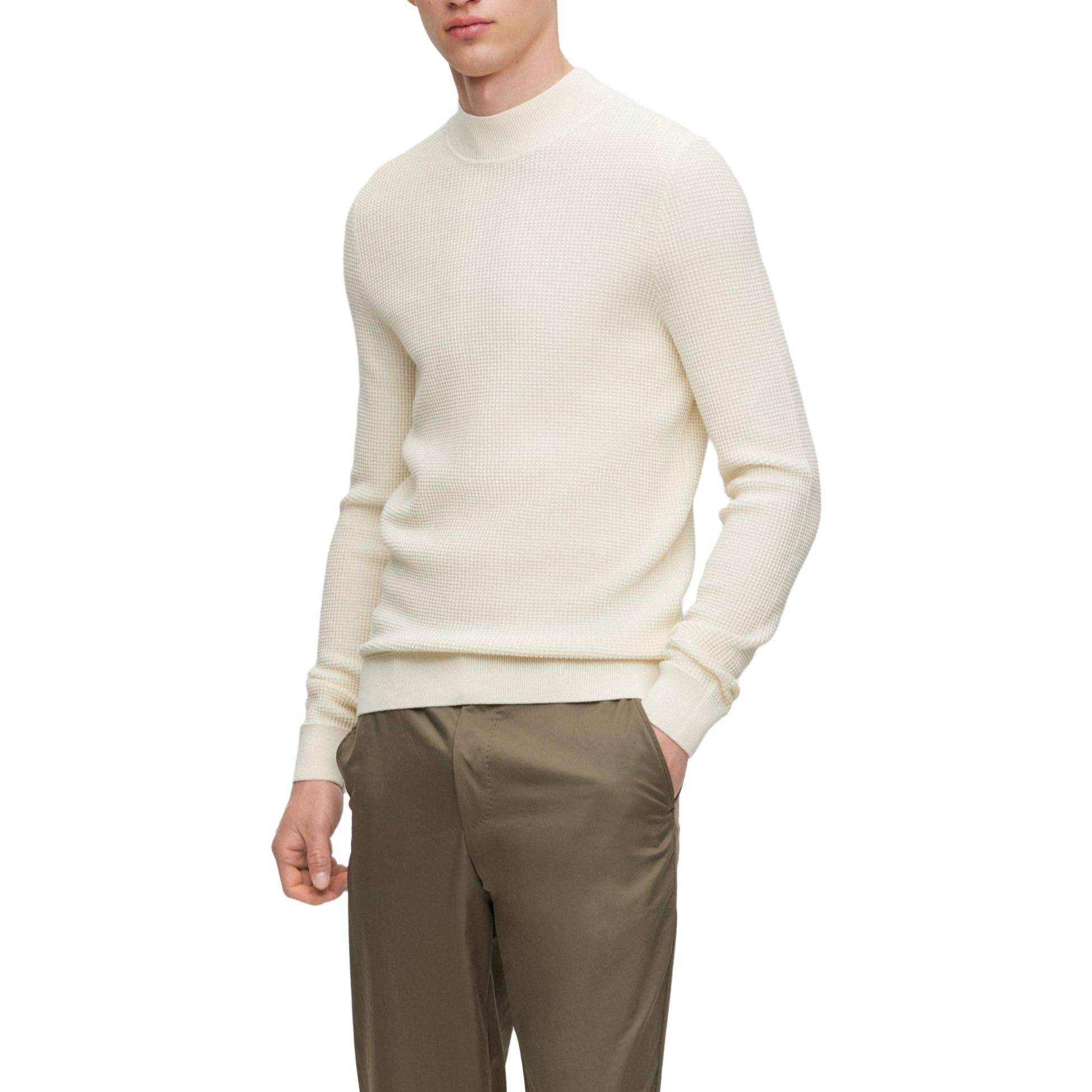 Shop HUGO BOSS 純色修身圓領長袖毛衣 米白色 50495403-131