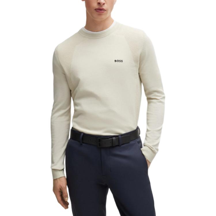 Shop HUGO BOSS 純色標誌圓領針織毛衣 淺米色 50520692-271
