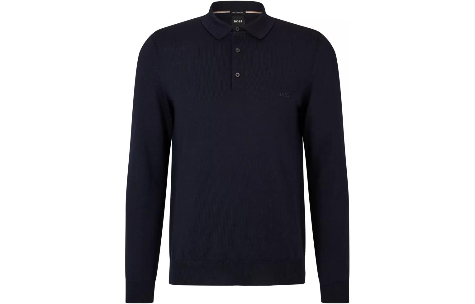 HUGO BOSS  Solid Logo Embroidered Button-Up Long Sleeve Polo Shirt Navy. 50476357-404