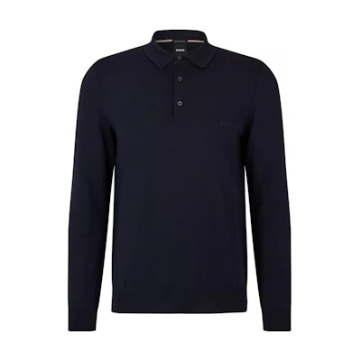 HUGO BOSS Solid Logo Embroidered Button-Up Long Sleeve Polo Shirt Navy. 50476357-404