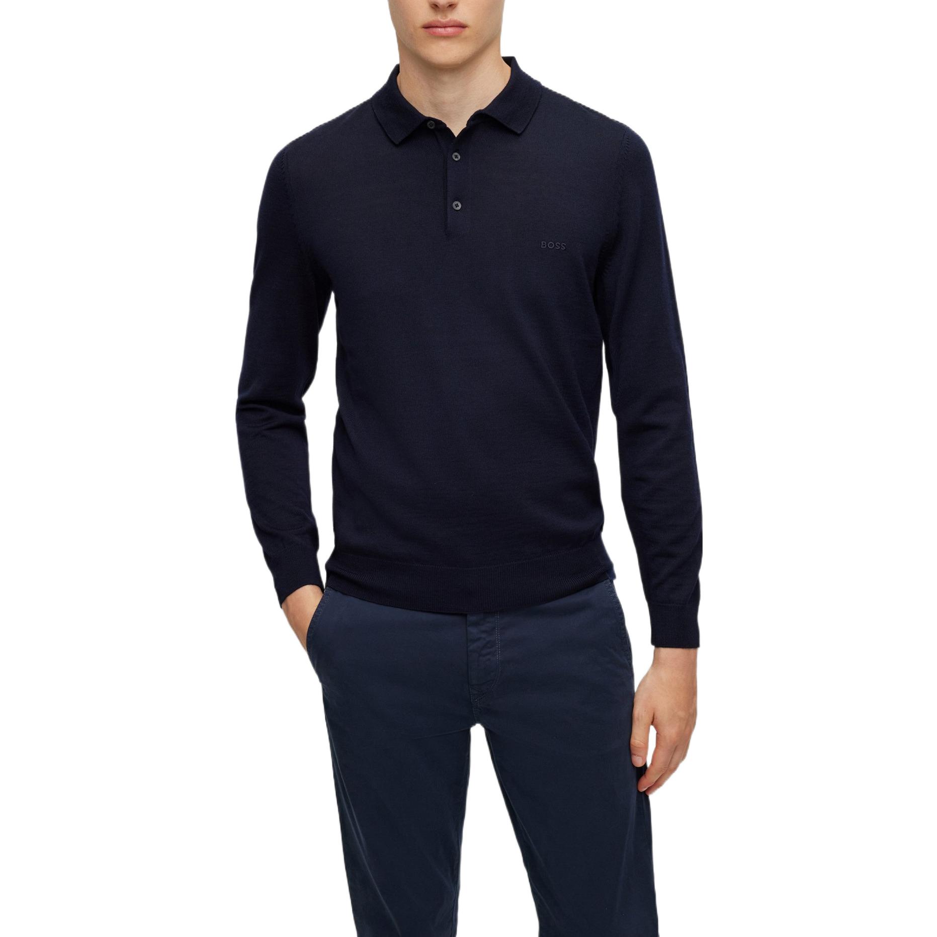 Shop HUGO BOSS  Solid Logo Embroidered Button-Up Long Sleeve Polo Shirt Navy. 50476357-404