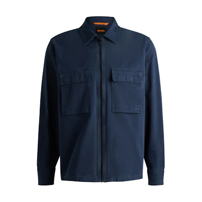 HUGO BOSS Solid Zip-Up Loose-Fit Shirt Jacket Natural Blue Long Sleeve 50520107-464