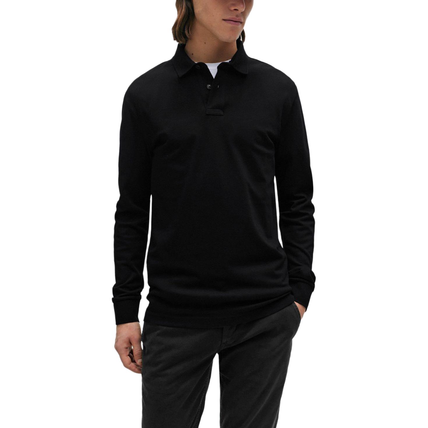 Shop HUGO BOSS  Stretch-Cotton Long-Sleeve Polo Shirt Black with Logo Patch 50507704-001