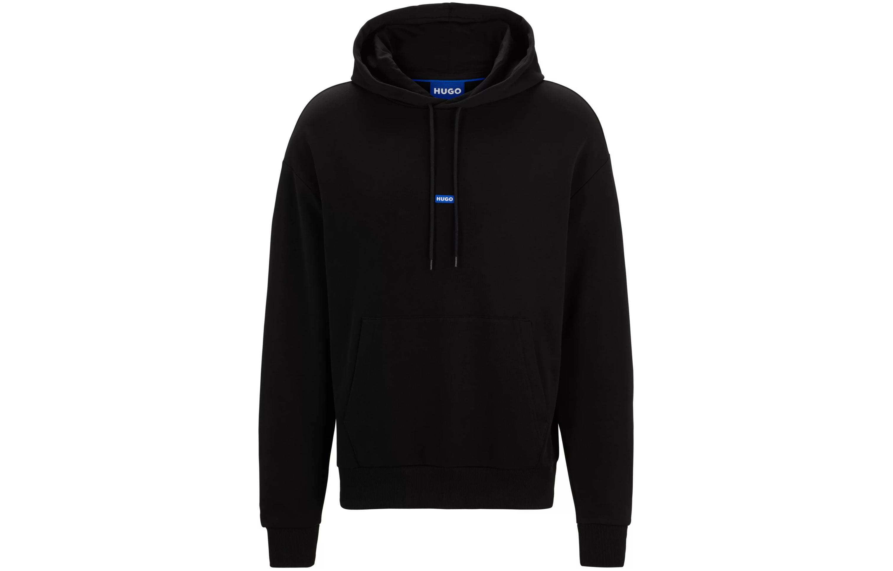 HUGO BOSS Black Cotton-Terry Hoodie with Blue Logo Label Casual Wear 50522374-001