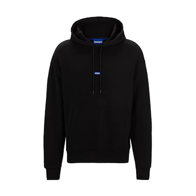 HUGO BOSS Black Cotton-Terry Hoodie with Blue Logo Label Casual Wear 50522374-001