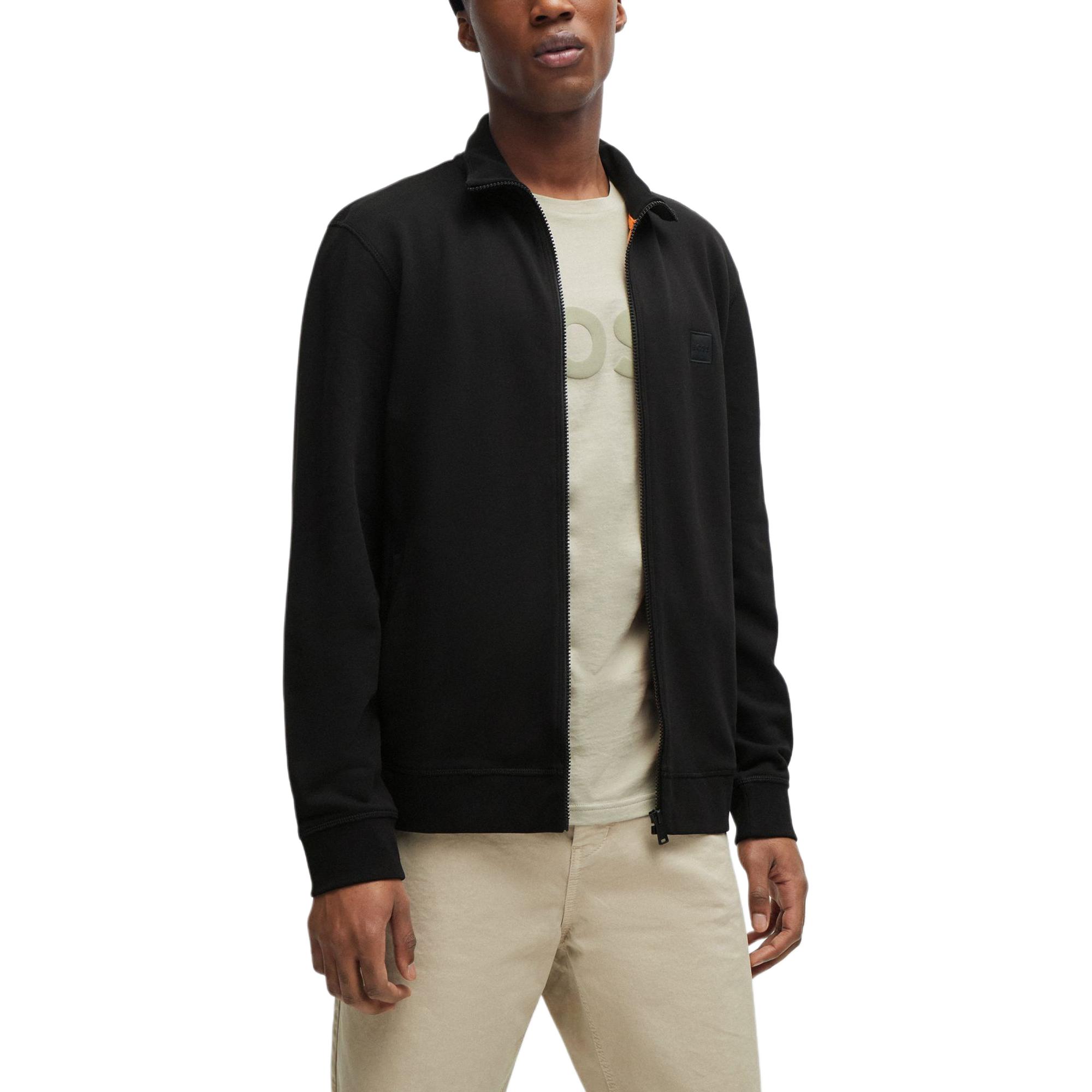 Shop ヒューゴボス ブラック コットンテリー ジップアップジャケット ロゴパッチ付き 50511709-001