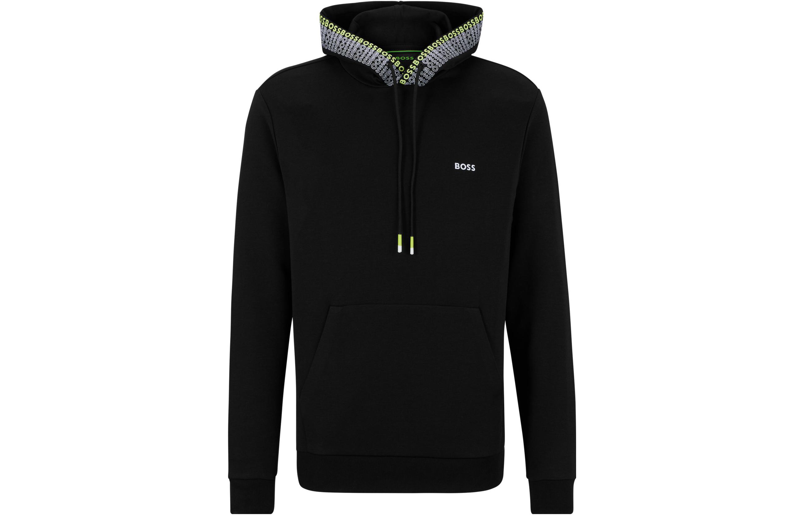 HUGO BOSS Black Hoodie with Logo Print, Solid Color Long Sleeve 50486680-001