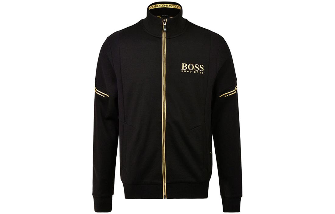 HUGO BOSS Black Jacket with Logo Print and Standing Collar 50387136-003