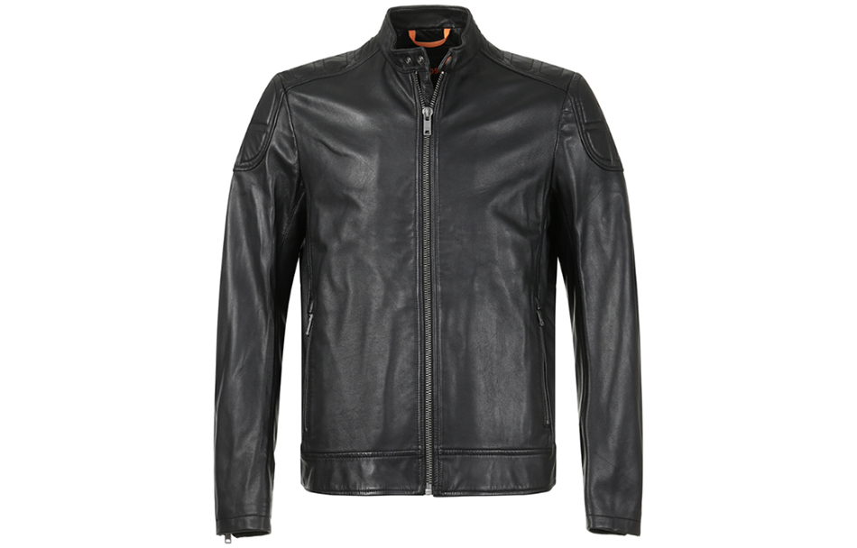 HUGO BOSS Black Lambskin Leather Jacket with Zip and Stand Collar 50505031-001