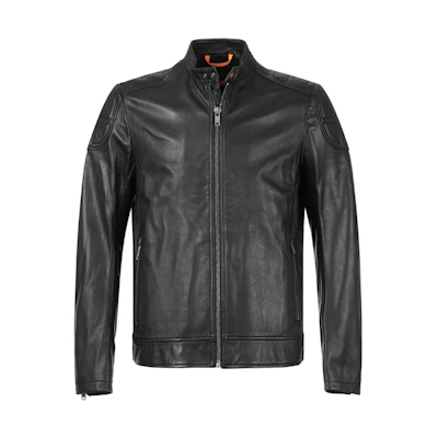 HUGO BOSS Black Lambskin Leather Jacket with Zip and Stand Collar 50505031-001