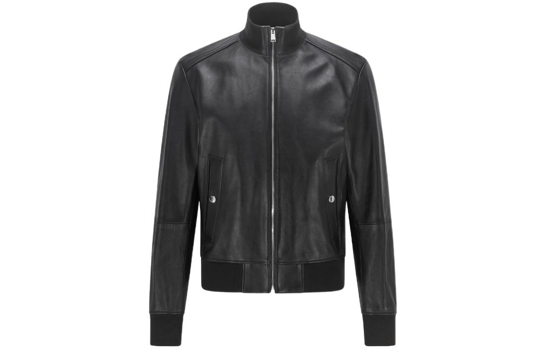 HUGO BOSS Black Leather Bomber Jacket with Zip-Up Stand Collar 50456274-001