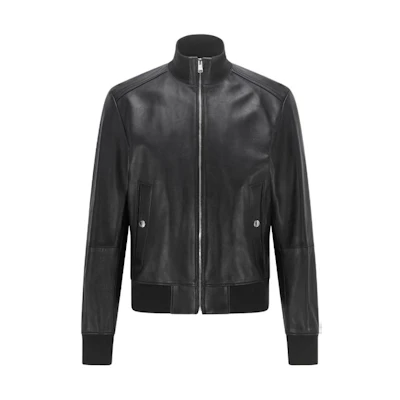 HUGO BOSS Black Leather Bomber Jacket with Zip-Up Stand Collar 50456274-001