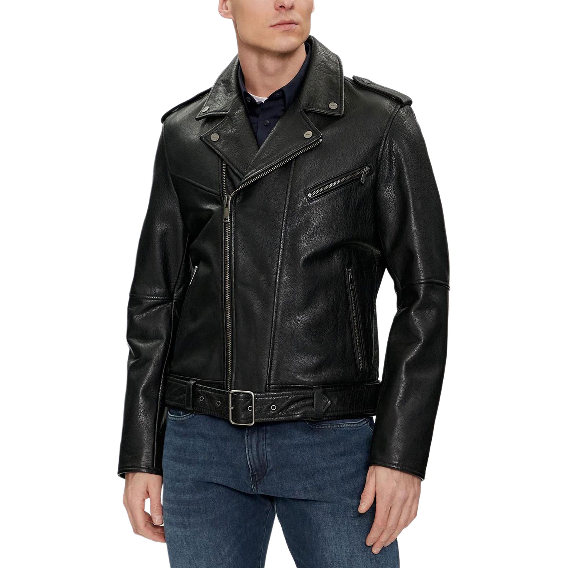 HUGO BOSS Black Leather Jacket with Zip and Plain Turn-Down Collar 50510101-001