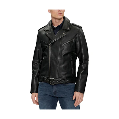 HUGO BOSS Black Leather Jacket with Zip and Plain Turn-Down Collar 50510101-001