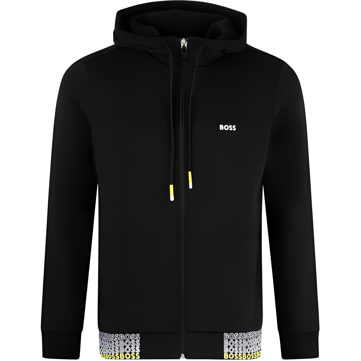 HUGO BOSS Black Letter Print Zip-Up Hoodie Jacket with Drawstring 50497196-001