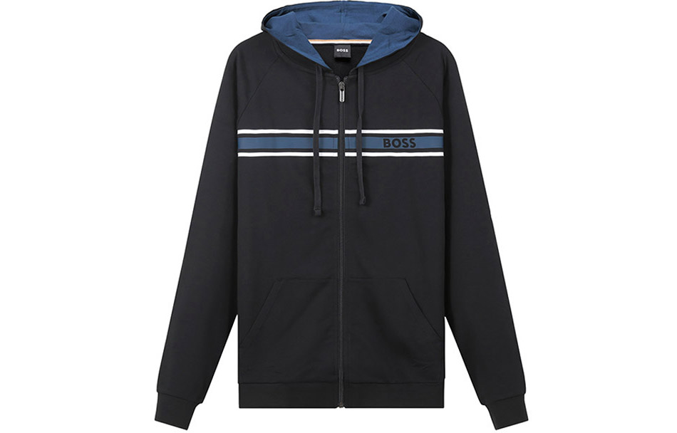 HUGO BOSS Black Letter Stripe Zip-Up Drawstring Hoodie Jacket 50473428-001