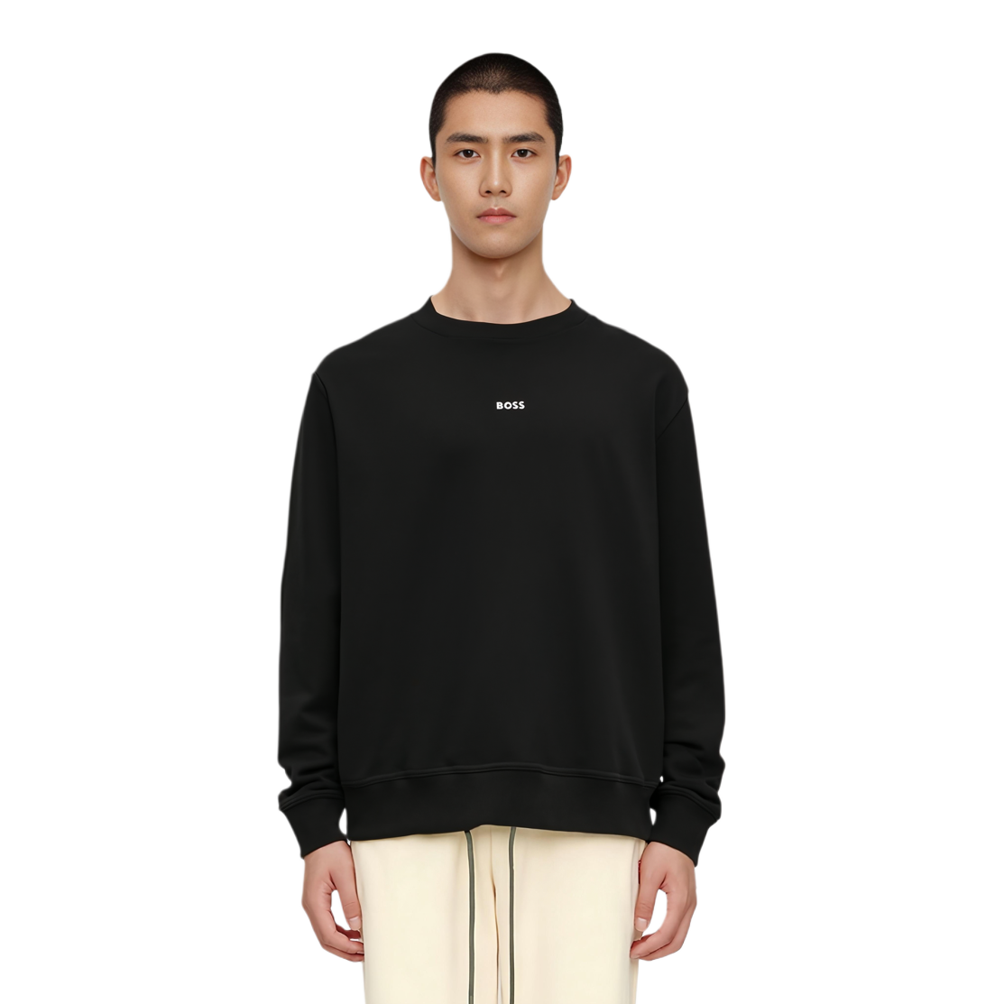 Shop HUGO BOSS 黑色寬鬆純棉毛巾布套頭衫對比標誌設計 50514541-001