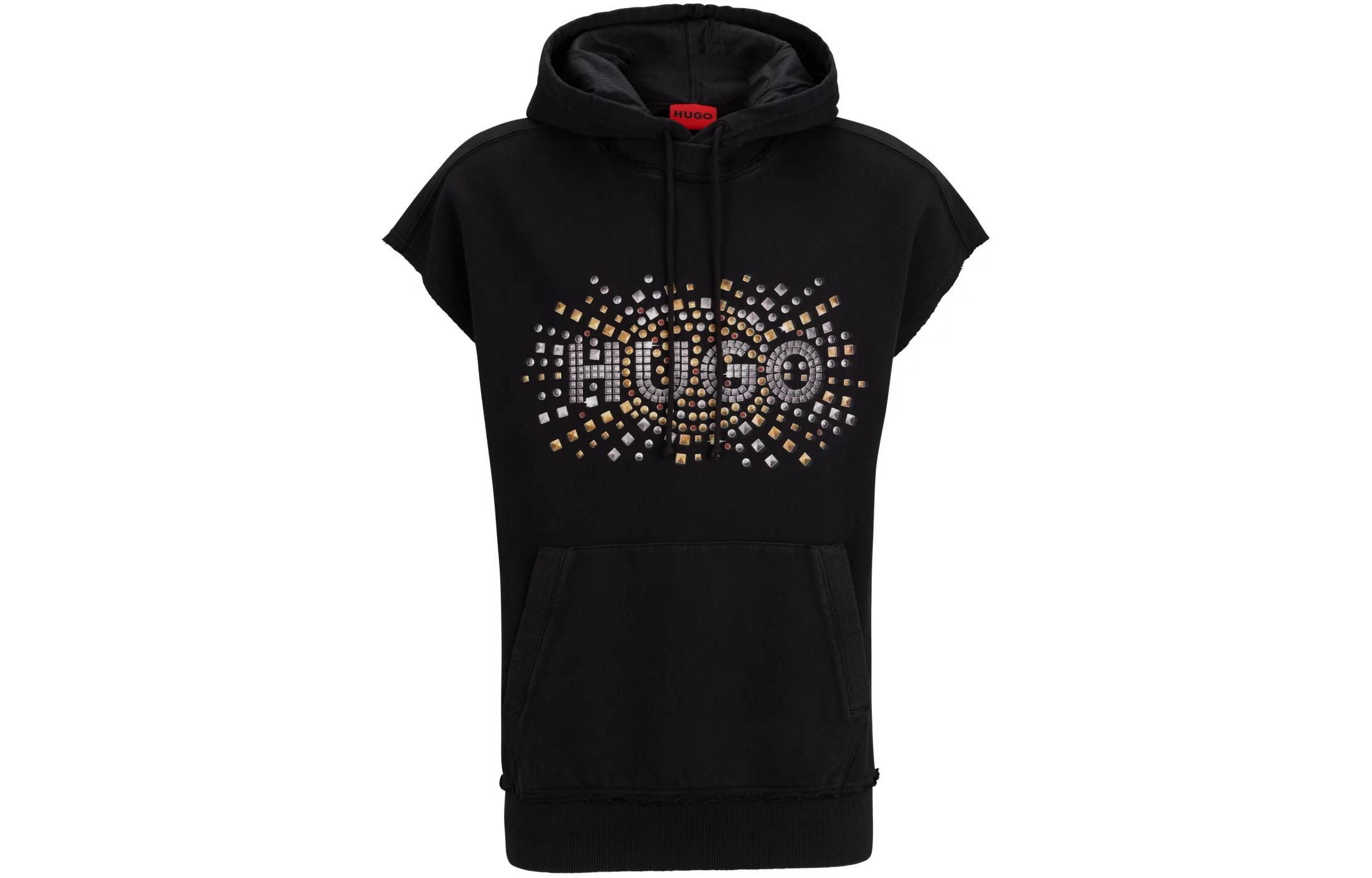 HUGO BOSS Black Sleeveless Cotton Hoodie with Studded Logo Design 50504541-001