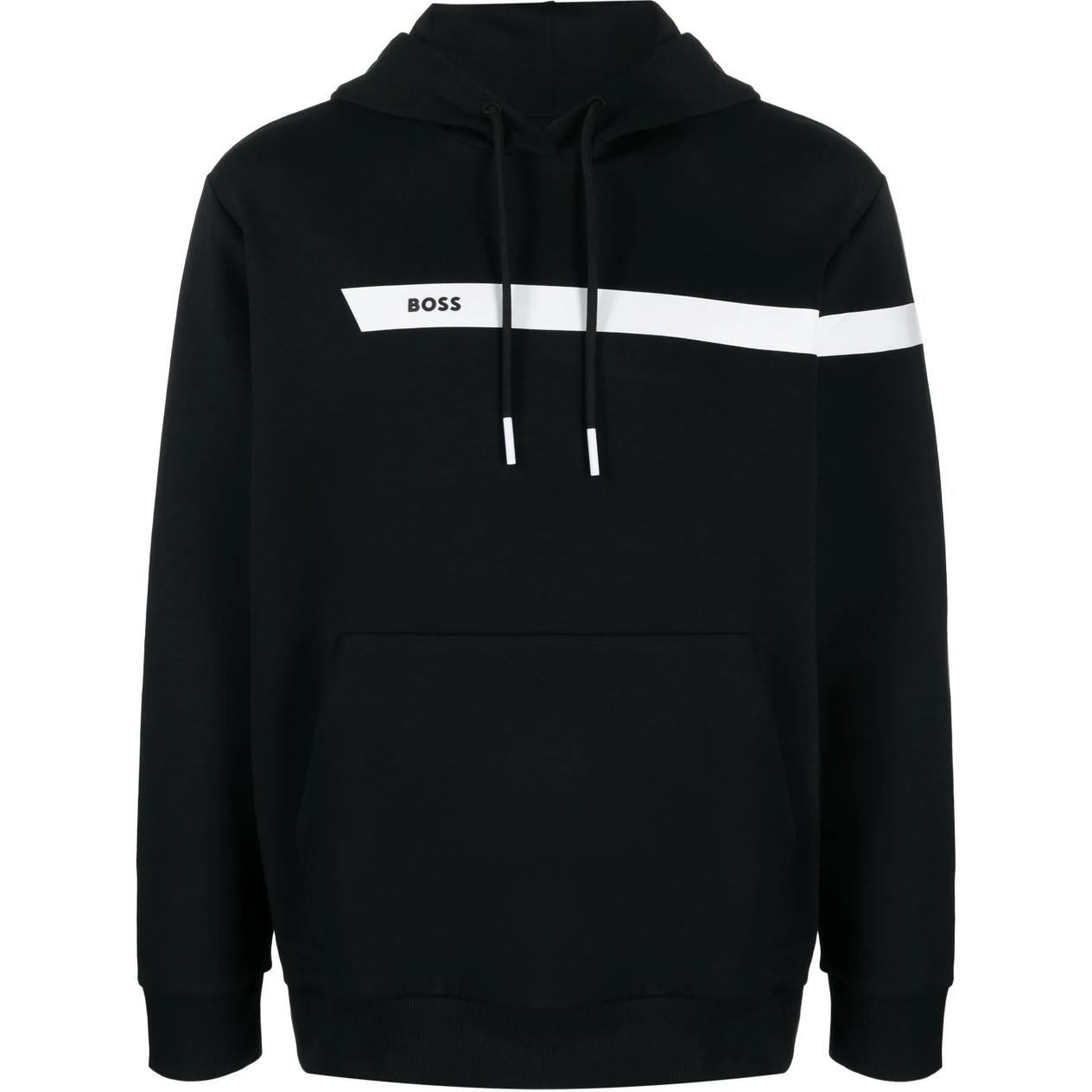 HUGO BOSS Black Slim-Fit Hoodie with Logo Print and Patchwork Design 50498277-001