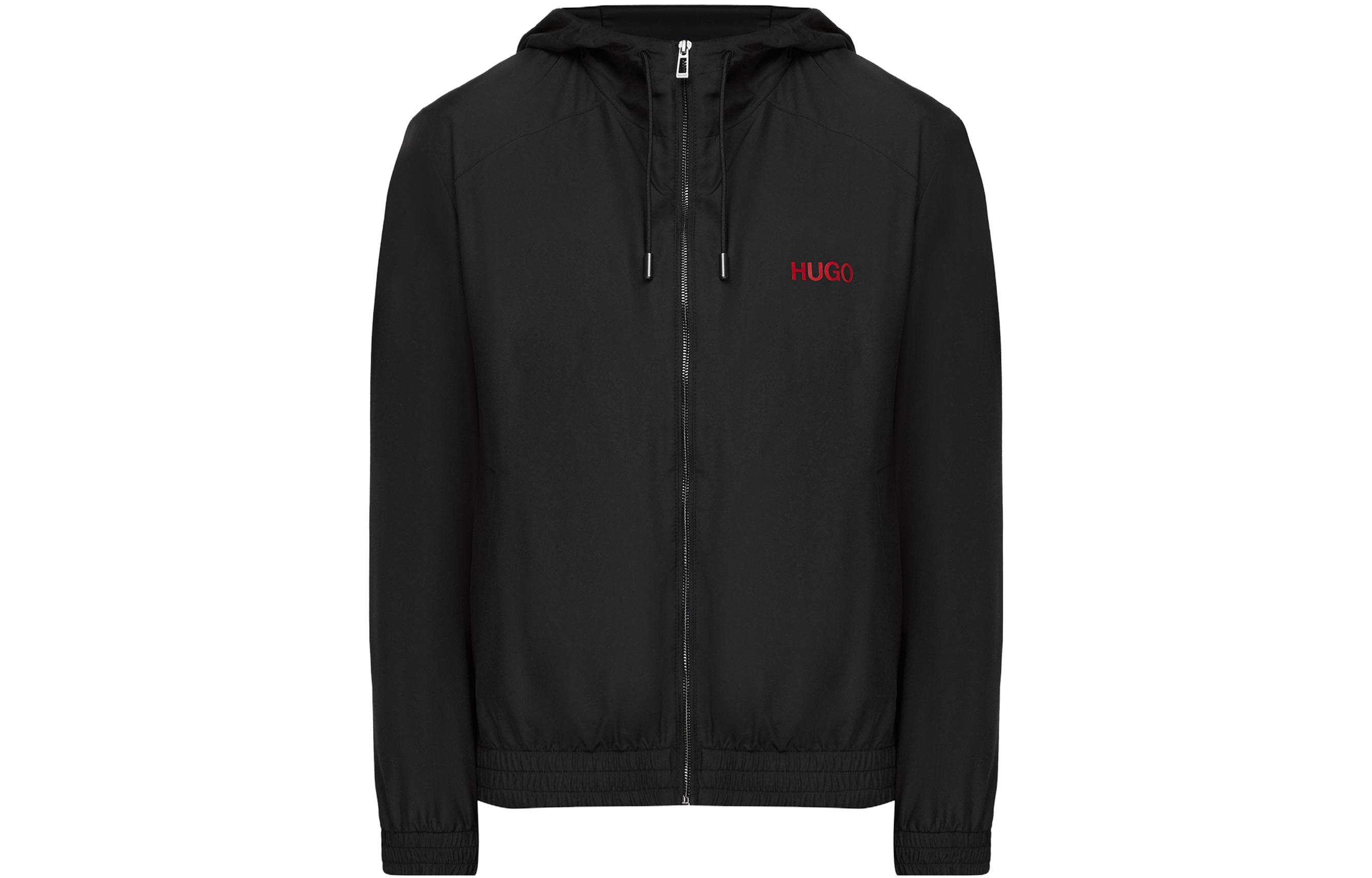 HUGO BOSS Black Solid Letter Print Zip-Up Hoodie Jacket 50470165-001