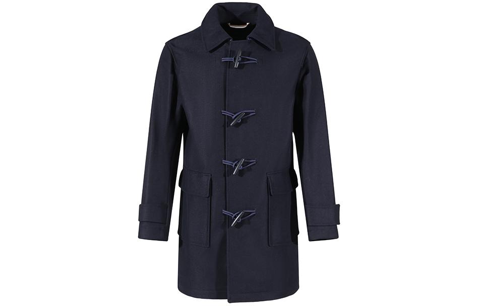 Lookbook HUGO BOSS 黑色 SS24 海軍藍中長版外套附可拆式帽子。 50502283-402