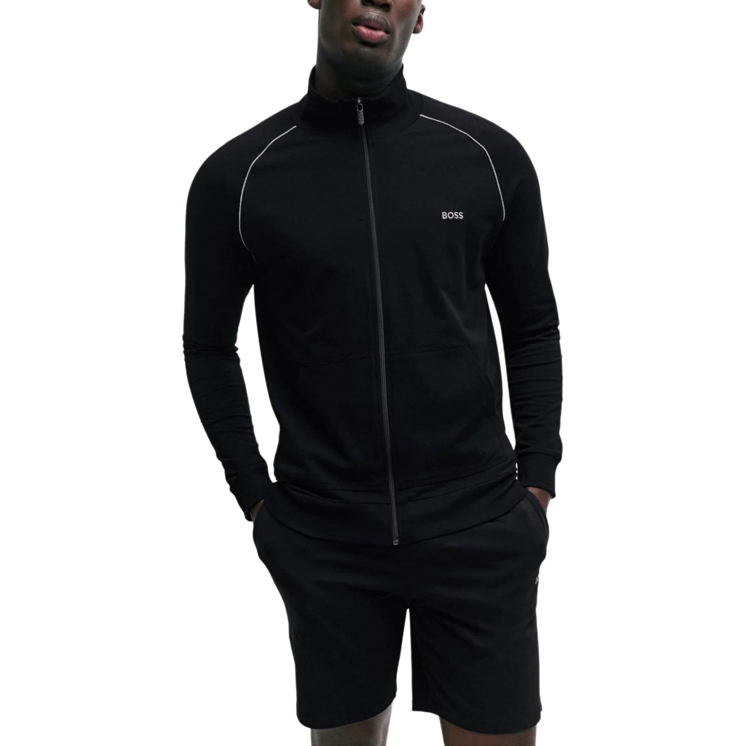 Shop HUGO BOSS 黑色彈性棉質拉鍊外套 帶有標誌細節 50515366-001