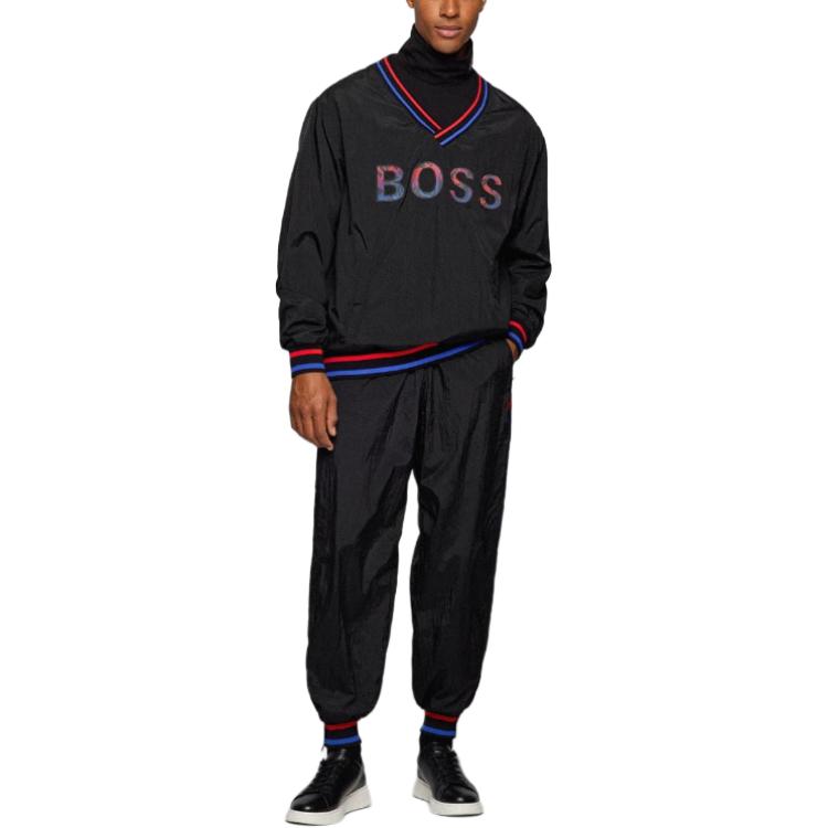 Lookbook HUGO BOSS 黑色V領條紋字母印花套頭衫 50462641-001