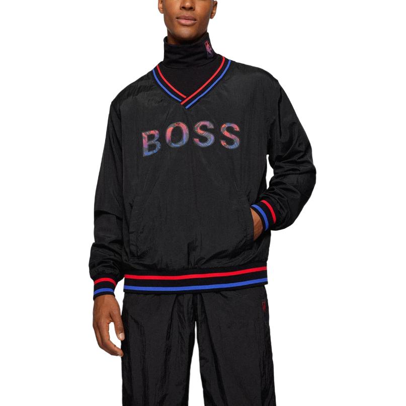 Shop HUGO BOSS 黑色V領條紋字母印花套頭衫 50462641-001