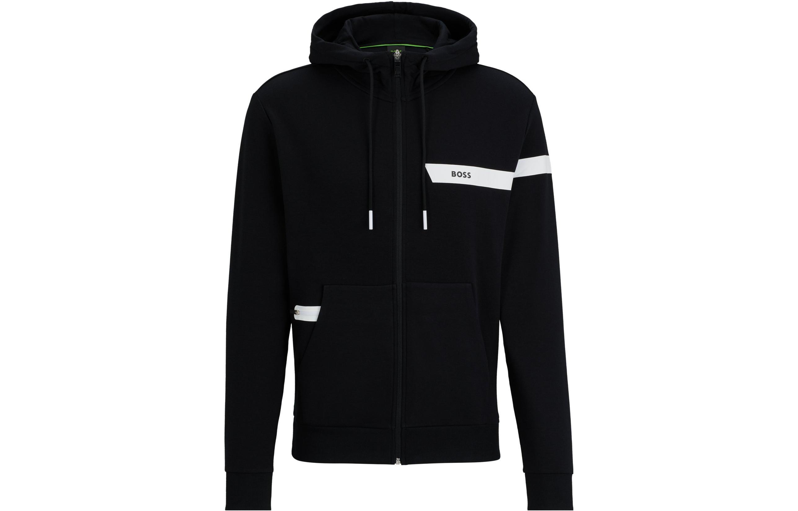 HUGO BOSS Black Zip-Up Hoodie with Logo Stripe Long Sleeve Jacket 50498285-001
