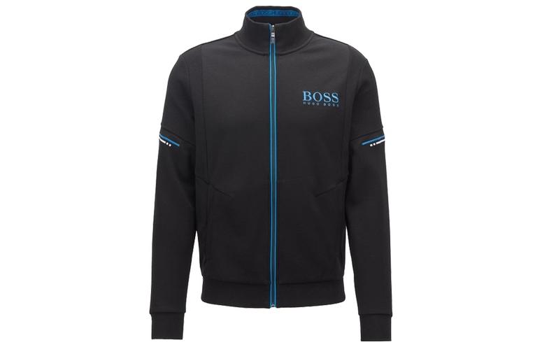 HUGO BOSS Black Zip-Up Jacket with Logo Print and Stand Collar 50387136-001