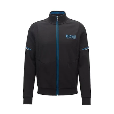 HUGO BOSS Black Zip-Up Jacket with Logo Print and Stand Collar 50387136-001