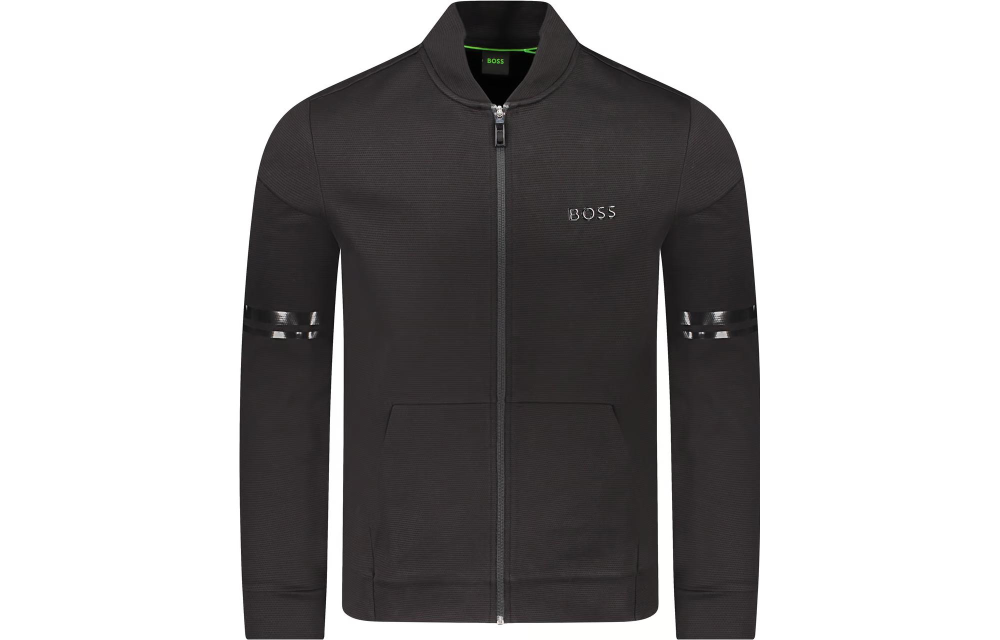 HUGO BOSS Black Zip-Up Long Sweatshirt with Logo Baseball Collar 50501207-001