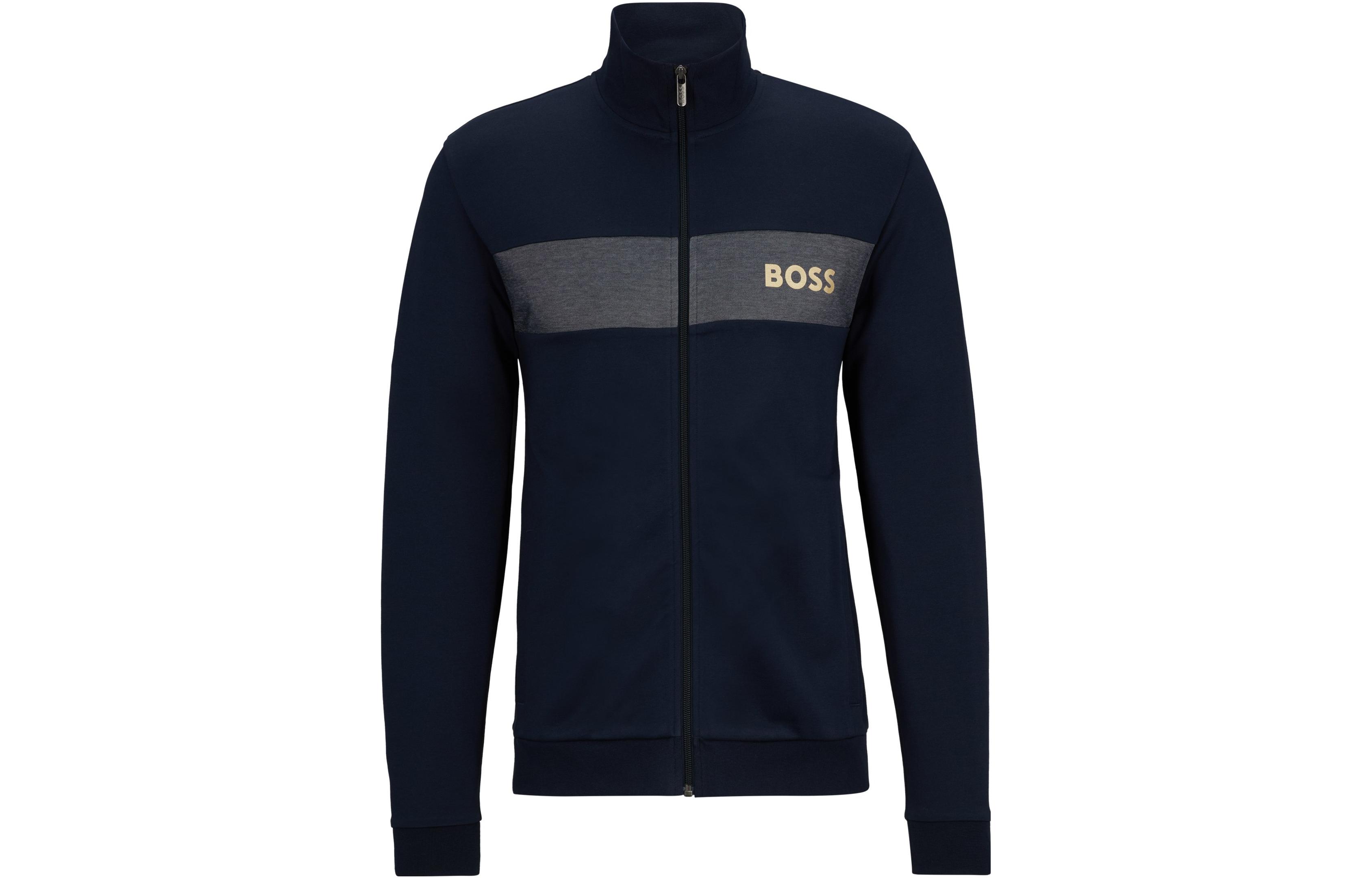 HUGO BOSS Blue Cotton Zip-Up Jacket with Embroidered Lettering Trim 50503040-403
