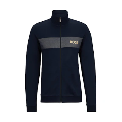 HUGO BOSS Blue Cotton Zip-Up Jacket with Embroidered Lettering Trim 50503040-403