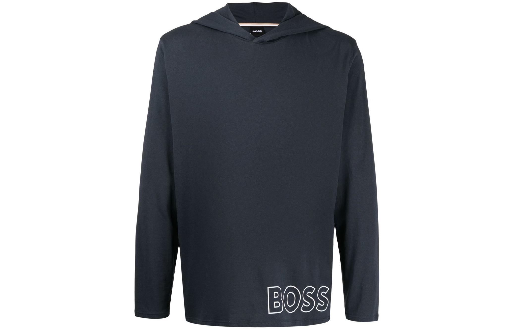 HUGO BOSS Blue Solid Hoodie with Logo Print 50465557-403