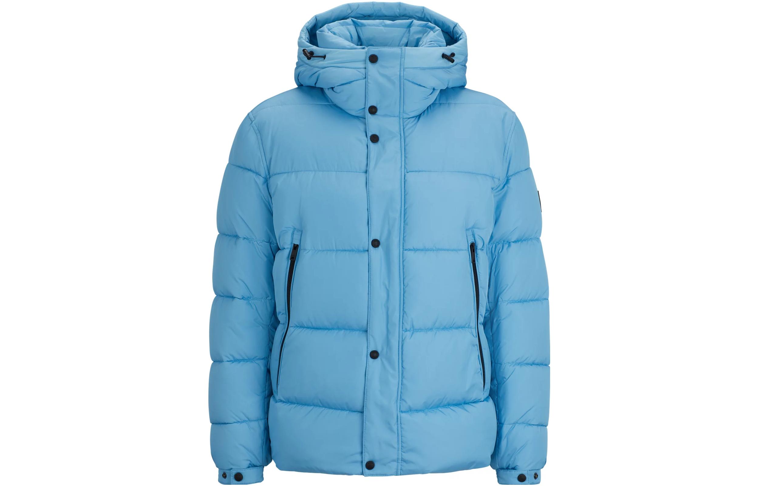 HUGO BOSS Blue Water-Repellent Hooded Puffer Jacket with Logo Badge 50499542-493