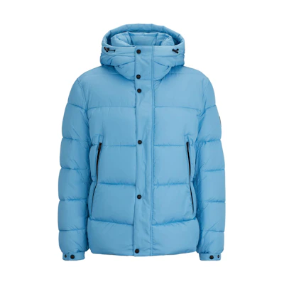 HUGO BOSS Blue Water-Repellent Hooded Puffer Jacket with Logo Badge 50499542-493