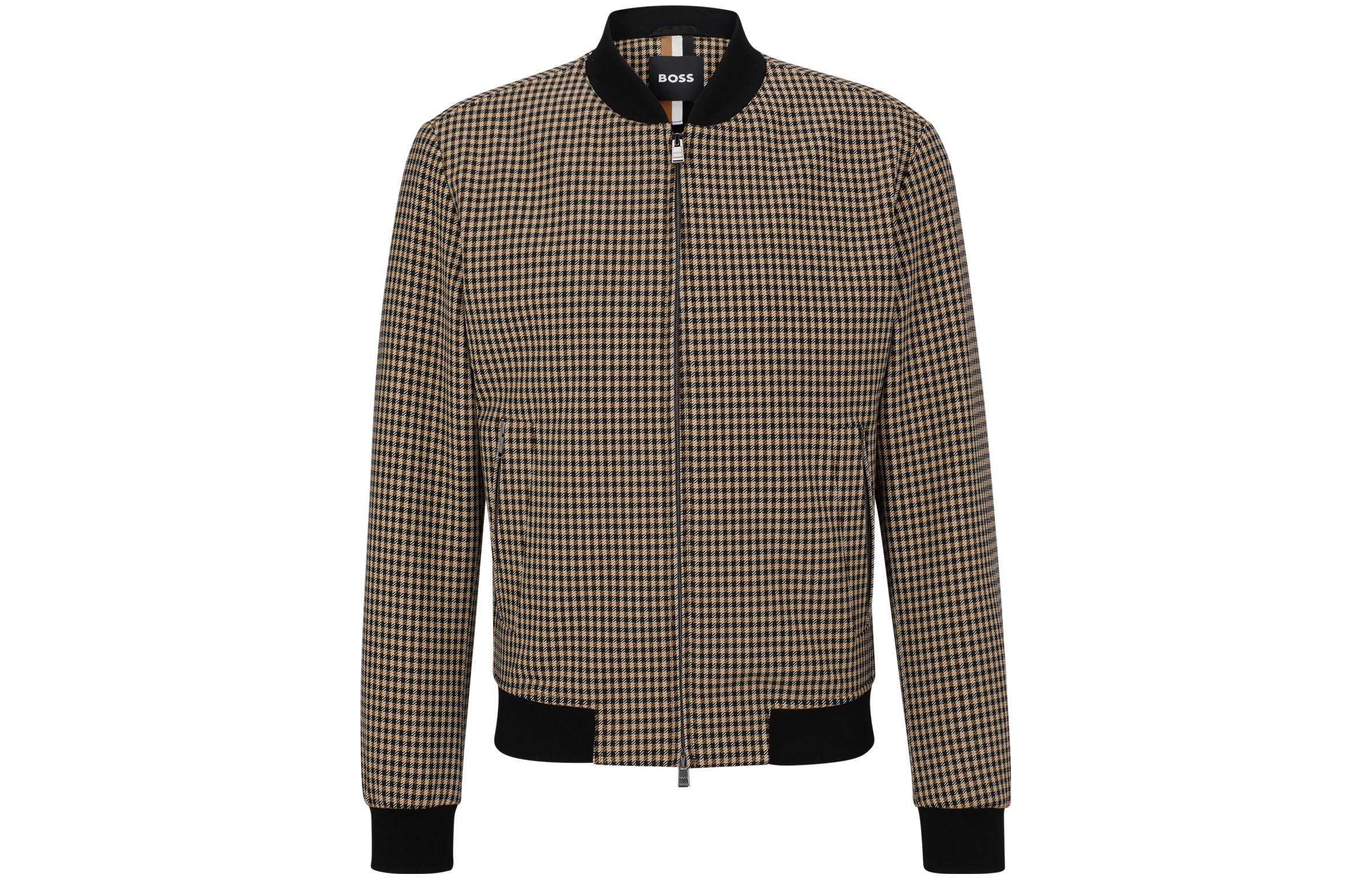 HUGO BOSS Brown Checkered Print Crewneck Long Sleeve Jacket for Men 50497527-260