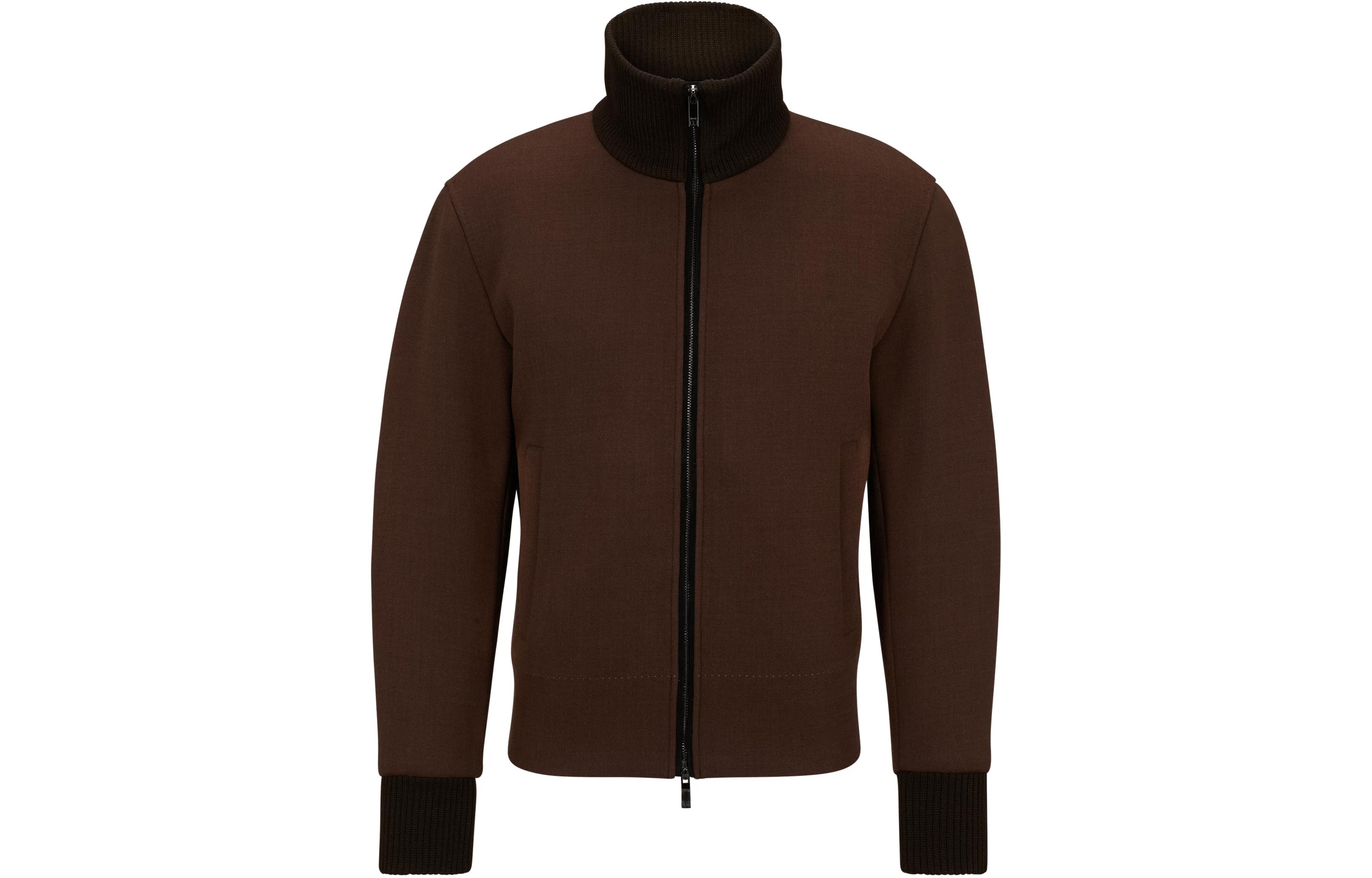 HUGO BOSS Brown Padded Woven Jacket with Knitted Stand Collar 50498184-205