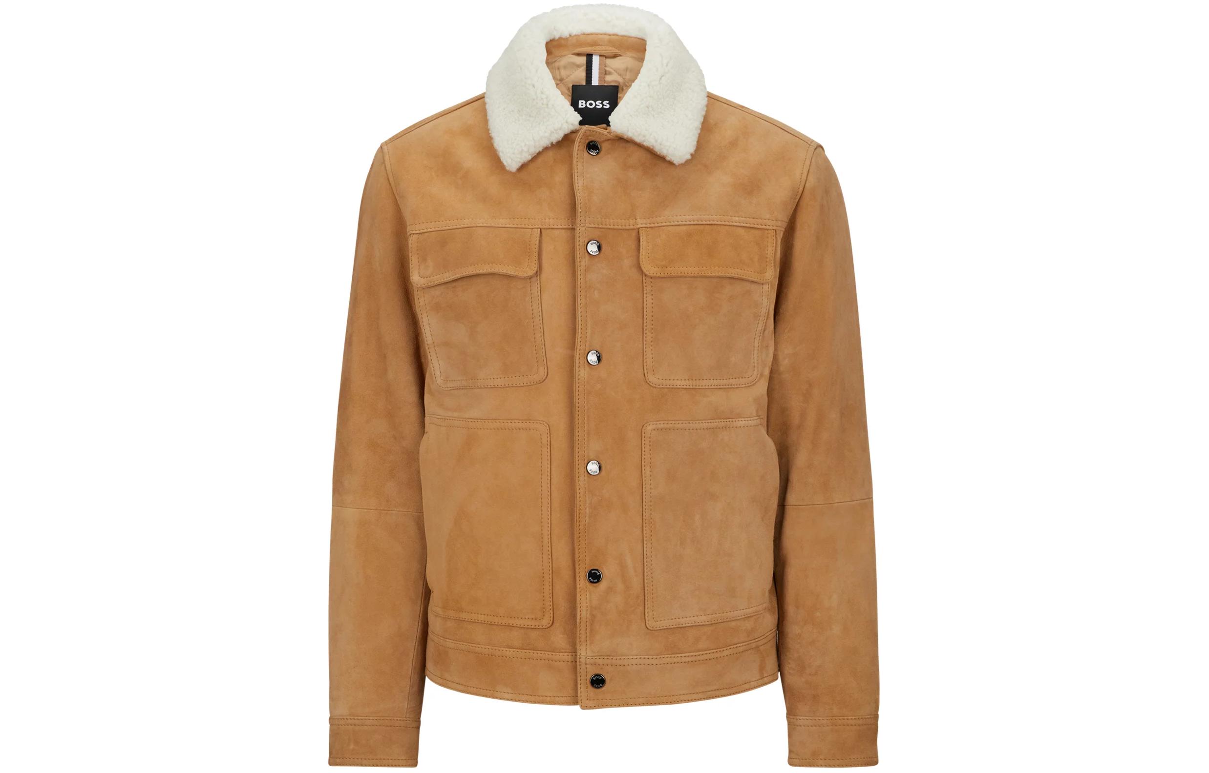 HUGO BOSS Brown Suede Jacket with Teddy Collar & Patch Pockets 50499461-260